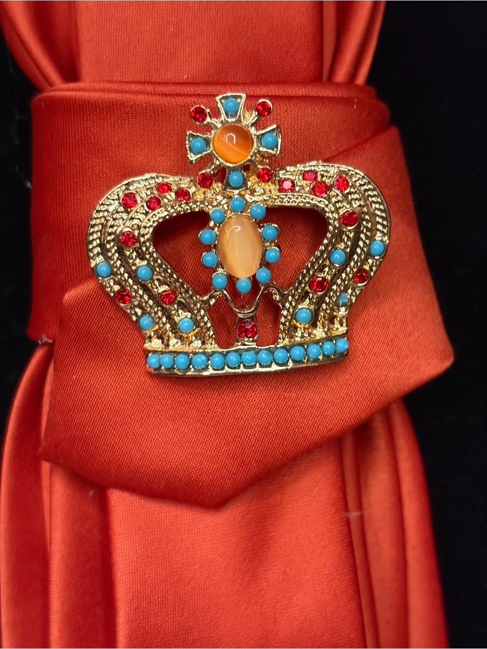Orange Satin Necklace Tie  with Crown Brooch